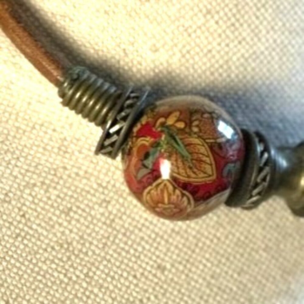 Vintage Boho Ceramic Necklace, Leather Cord Choker - Picture 6 of 6